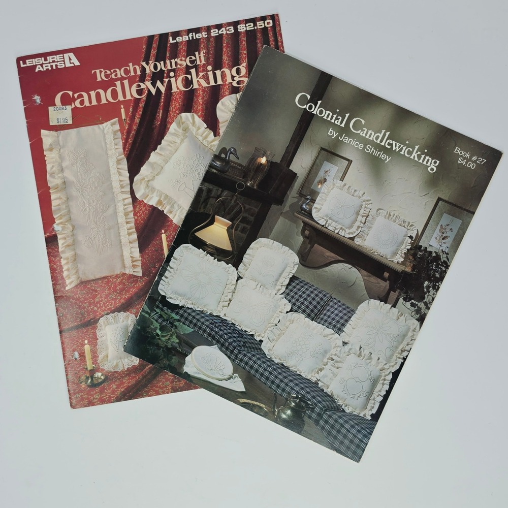 Candlewicking Pattern 2 Book Lot 1982 VTG Leisure Arts Teach Yourself & Colonial